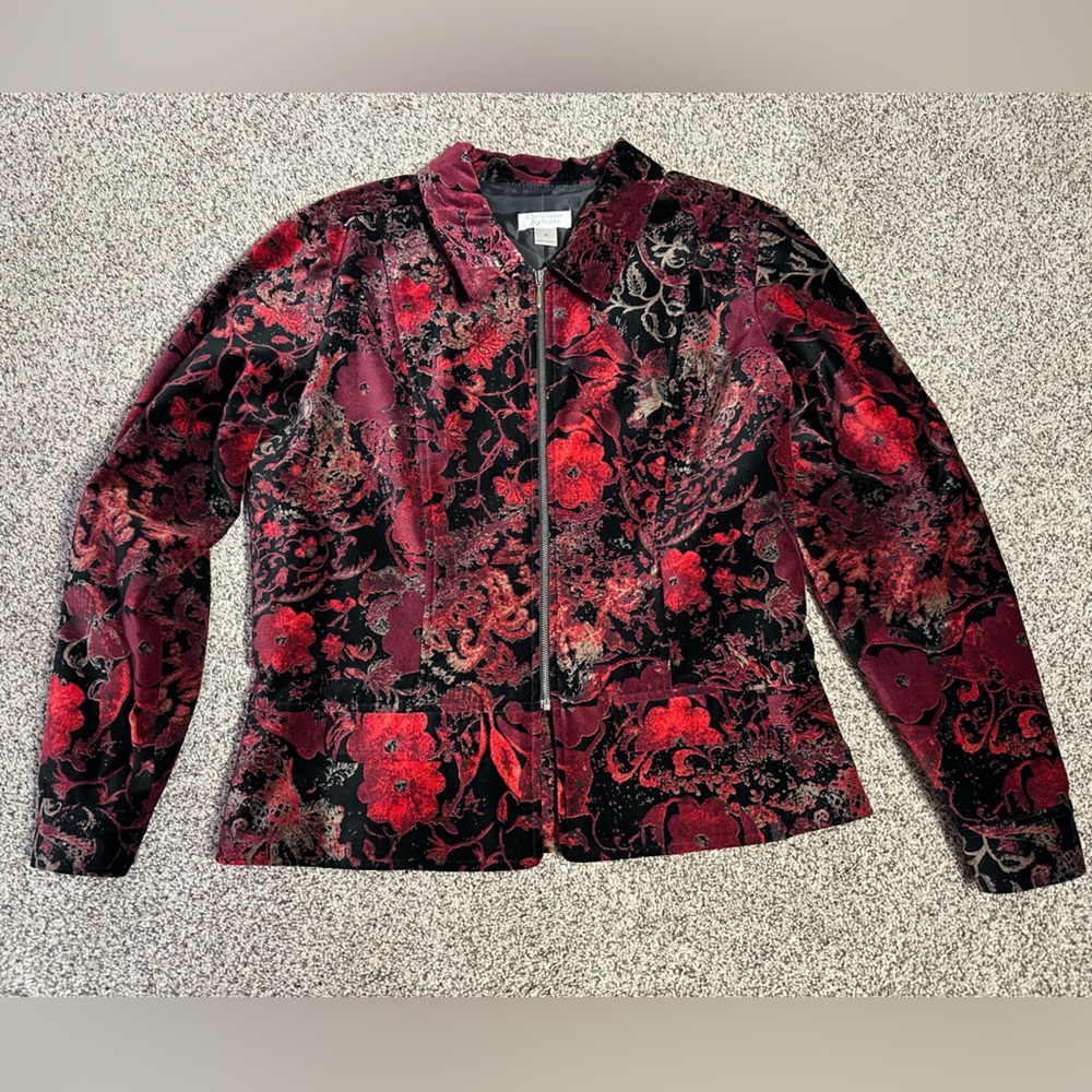Christopher & Banks Red and Black Floral Print velour Bomber Jacket Holiday